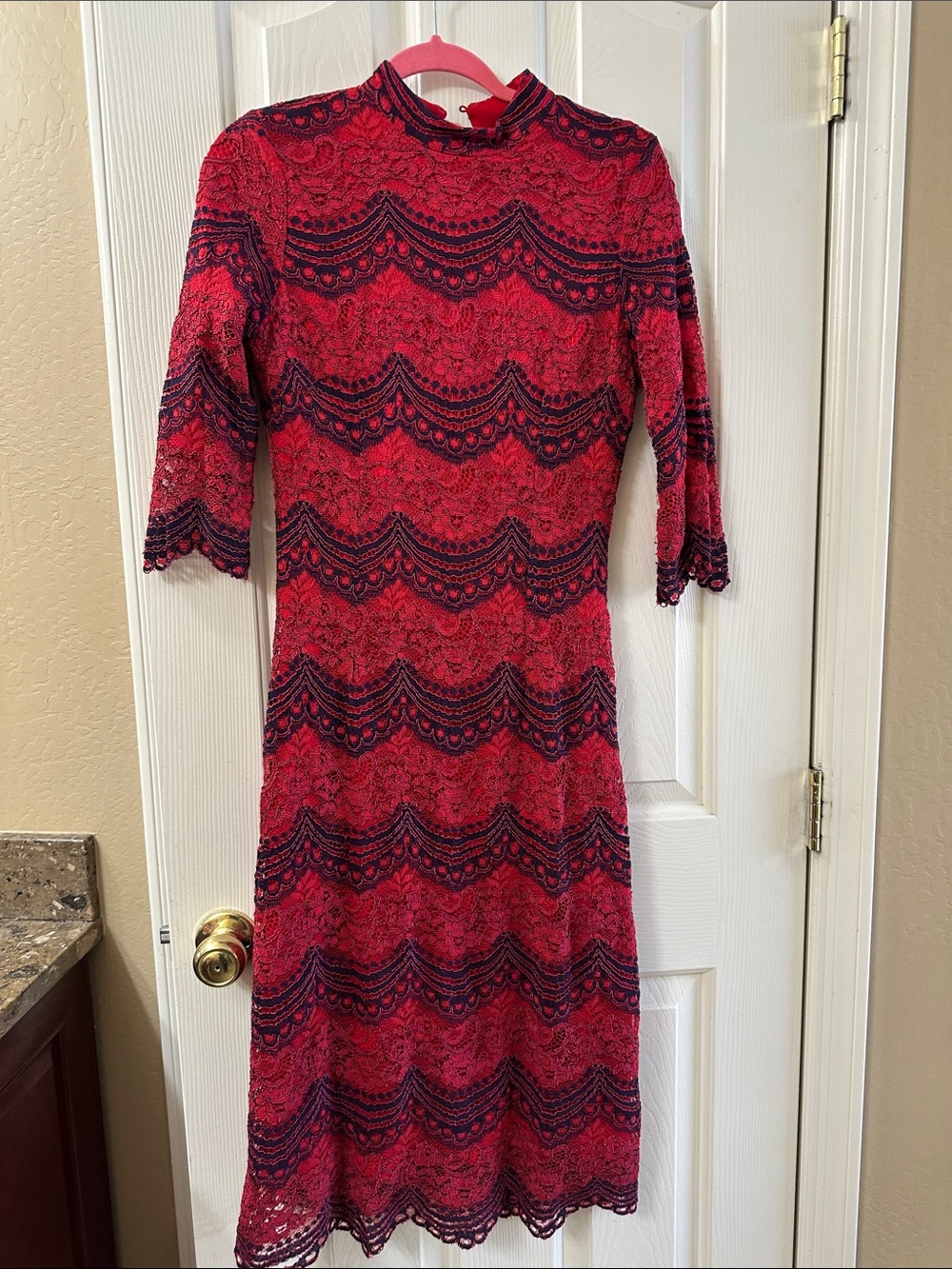 Red Lace Midi Dress with Navy Accents